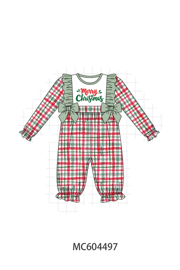 Green merry christmas embroidery plaid ruffle romper