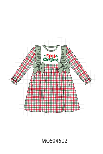 Green merry christmas embroidery plaid ruffle dress