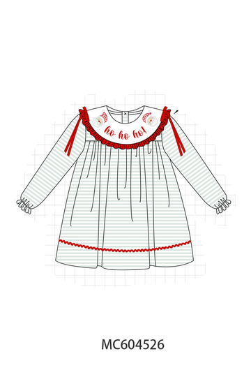 Sage santa applique gingham ruffle stripe dress