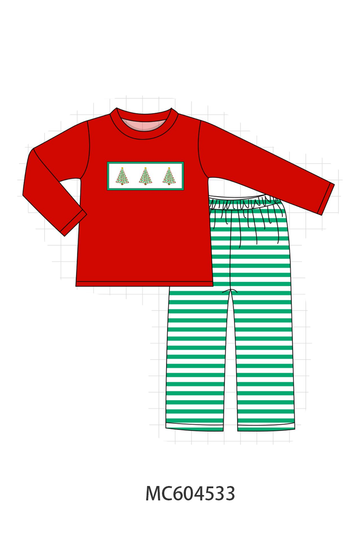 Red Christmas Tree Embroidery Stripe Pants Set