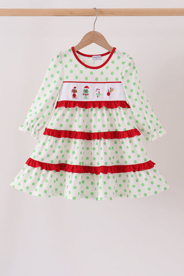 Green dot grinch embroidery ruffle tiered dress