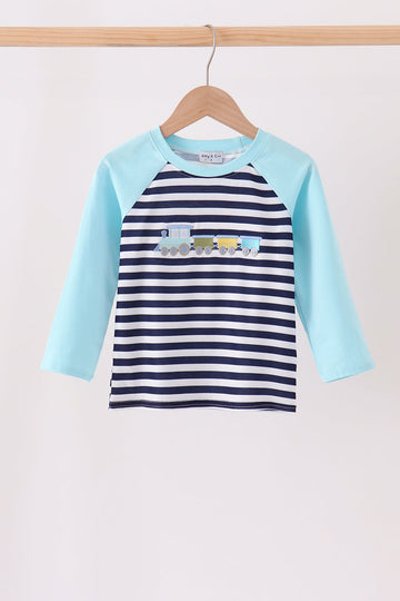Blue train embroidery stripe top