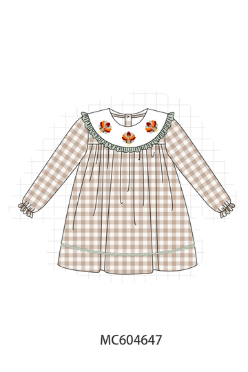 Brown turkey embroidery gingham ruffle dress