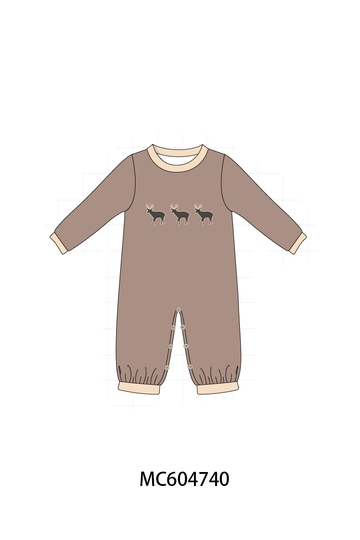 Brown deer embroidery romper
