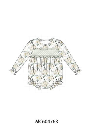 Sage floral smocked ruffle bubble