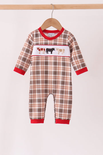 Brown Cow Embroidery Plaid Romper