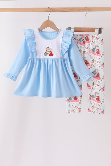 Blue frozen embroidery ruffle pants set