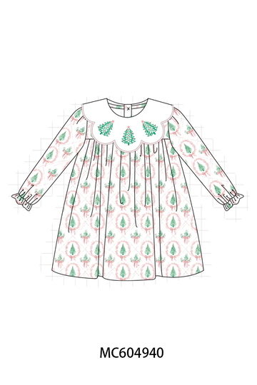 Pink Christmas Tree Embroidery Dress