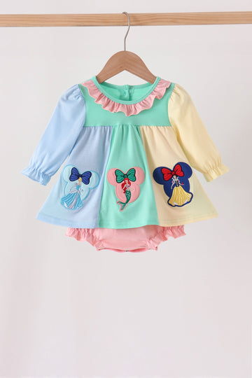 Colorblock character applique ruffle bubble