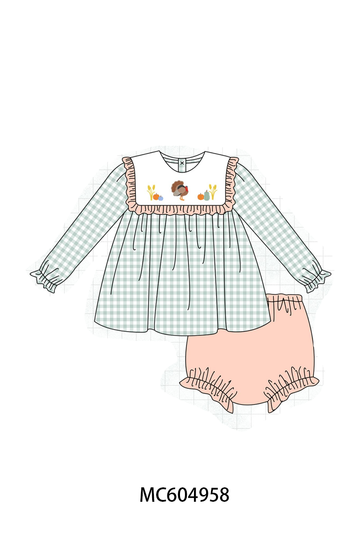 Sage Turkey Embroidery Ruffle Bloomer Set