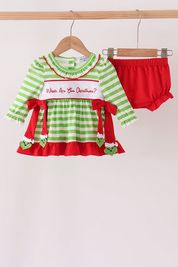 Green Stripe Grinch Applique Bloomer Set