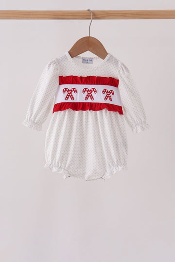 White Candy Cane Smocked polka dot Bubble