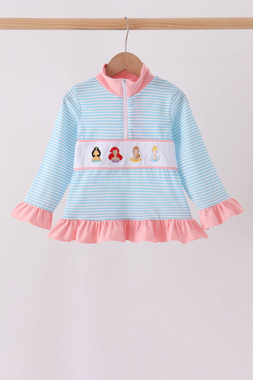 Blue Stripe Princess Embroidery Ruffle Pullover