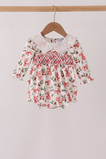 Red Holly Bow Smocked Lace Bubble