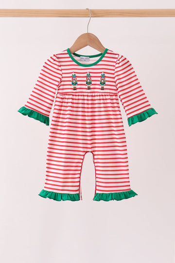 Red Nutcracker Embroidery Ruffle Stripe Romper