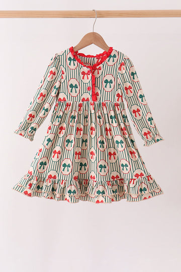 Green Christmas Bow Ruffle Bamboo Dress