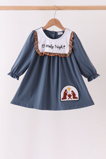 Blue Nativity Embroidery Ruffle Dress