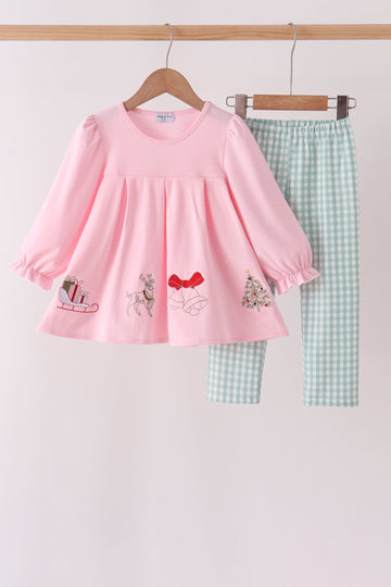 Pink Christmas Embroidery Pants Set
