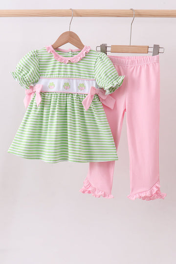Green clover embroidery stripe bow pants set