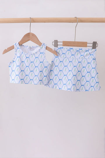 Blue bow floral active skorts set