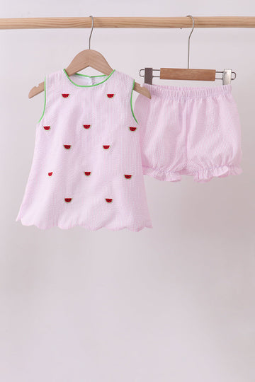 Pink stripe watermelon embroidery seersucker shorts set