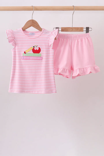 Pink Apple Pencil Embroidery Short Set