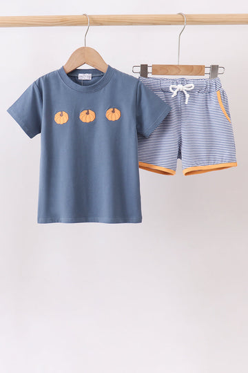 Teal pumpkin embroidery shorts set