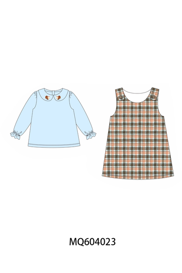 Blue turkey embroidery plaid 2pc set