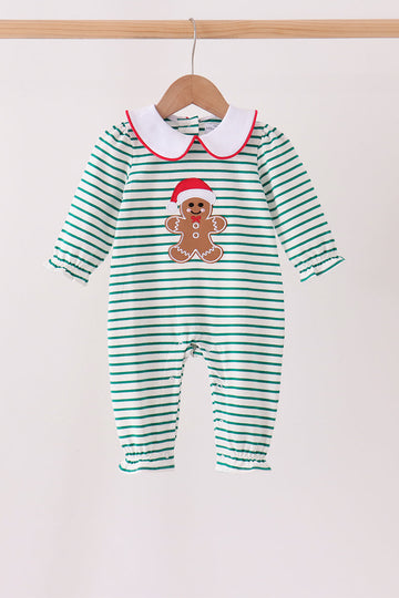 Green stripe gingerbread embroidery ruffle romper