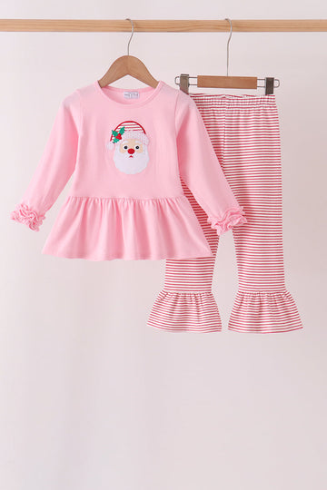 Pink stripe santa embroidery ruffle pants set
