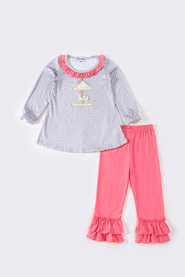 Grey dot carousel applique girl set