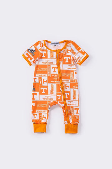 Tennessee print girl romper with playful, colorful state-themed design.