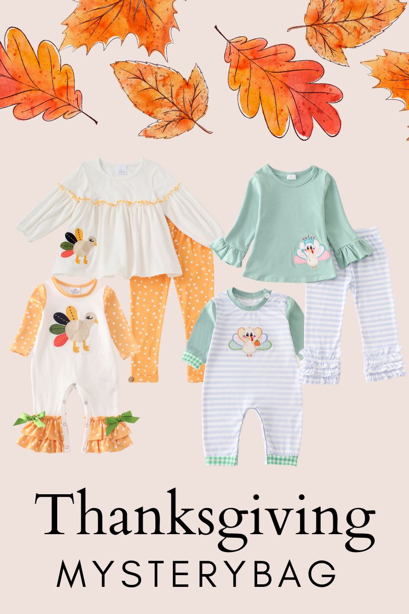 Thanksgiving-themed children's clothing assortment with festive patterns and playful designs.