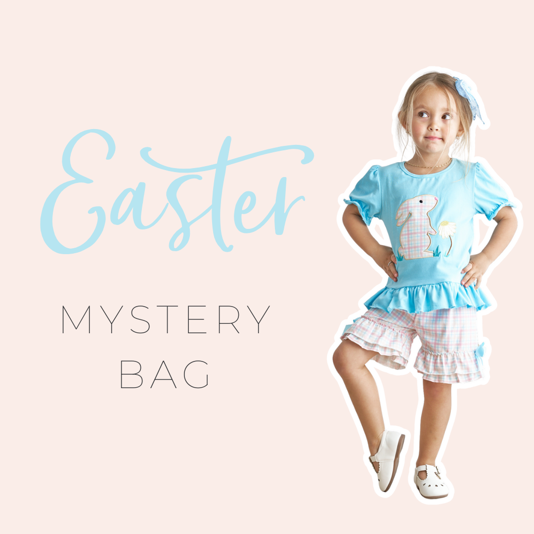 Easter-themed children's clothing bundle with playful patterns and pastel colors.