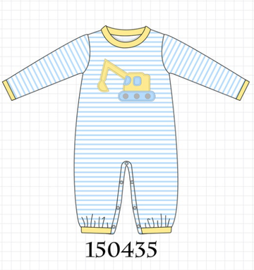 Blue Excavator Applique Stripe Romper