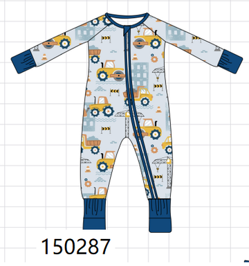 Blue Construction Trucks Zip Bamboo Romper